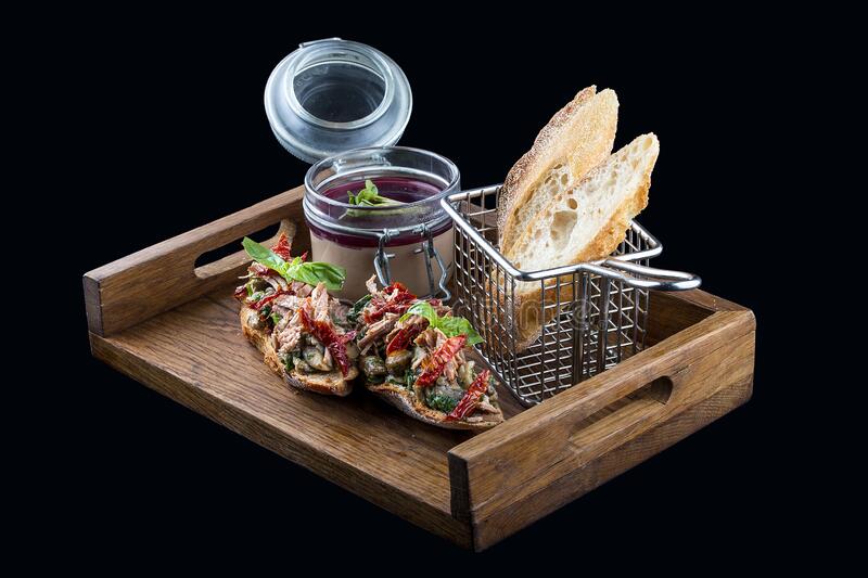 Rabbit Pate With Bruschetta On A Wooden Board. On Dark Background ...