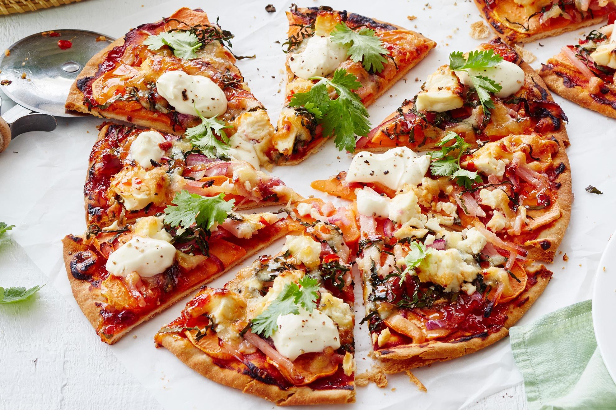 Sweet potato and bacon pizza